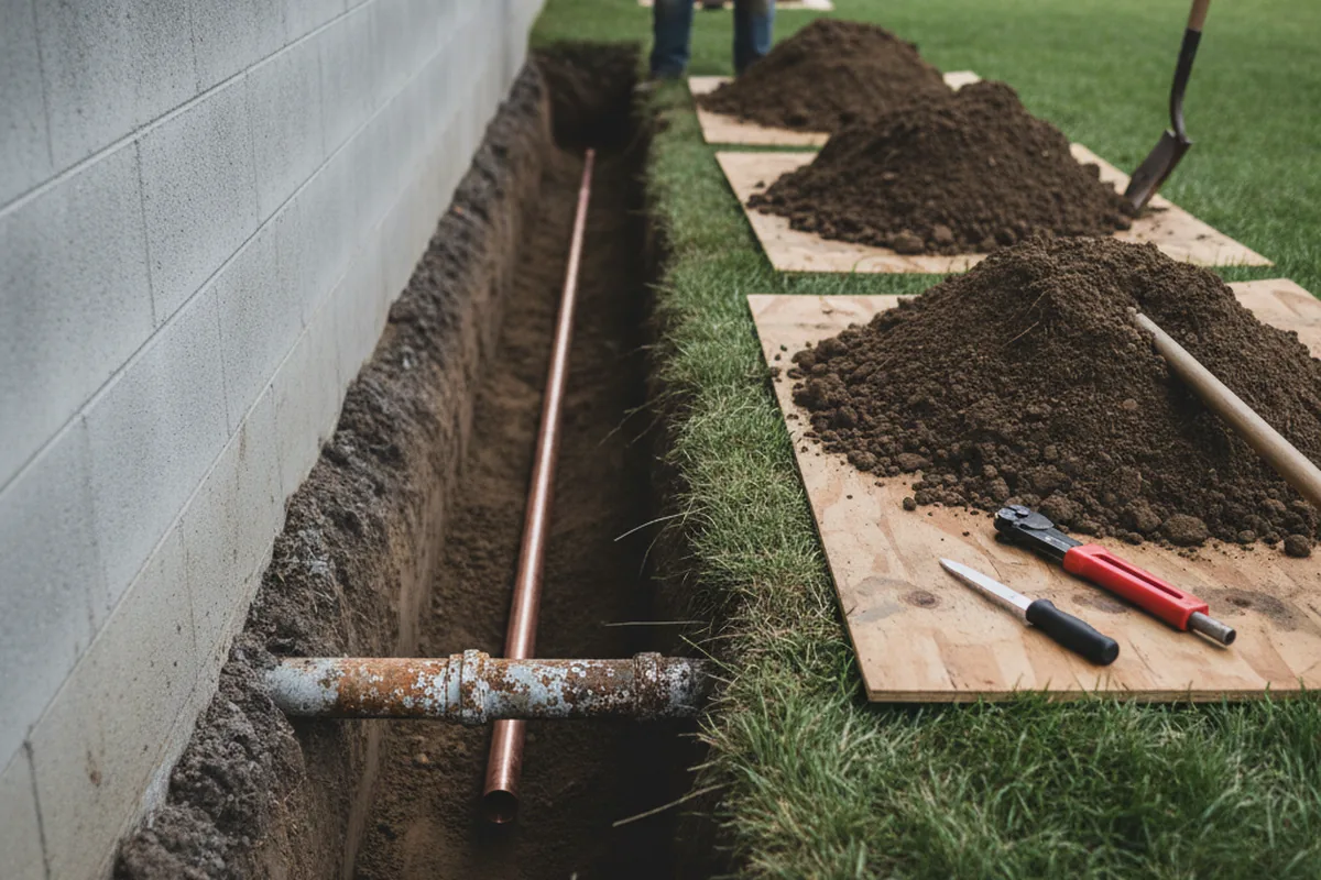 Excavated water line trench during Water Softener Installation in Rolling Meadows